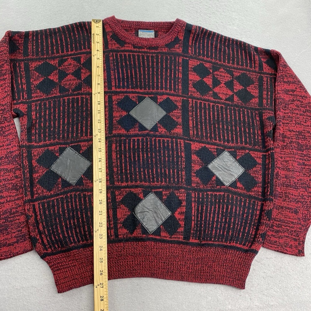 Vintage Playboy Sweater Mens 2X Red Black Pullover Crew Neck Leather Trim - Picture 8 of 9